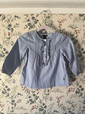 Tommy Hilfiger Light Blue Striped Ruffle-Front Girls' Blouse